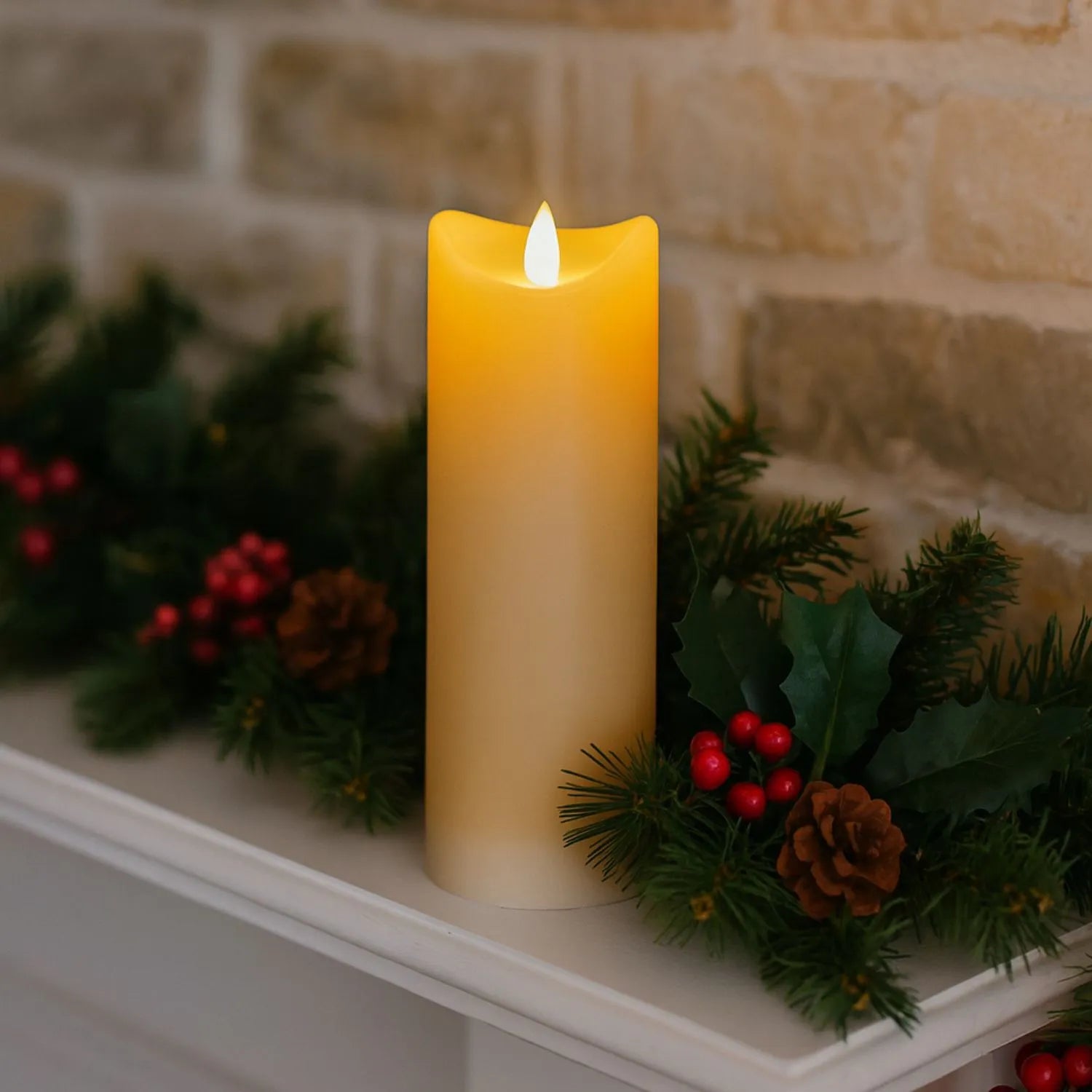 Extra-Tall Beige Taupe Melted-Effect Real Wax LED Flameless Pillar Candle with Realistic Flickering Flame – Battery Operated Decorative Light 20x7x7cm | Click Style