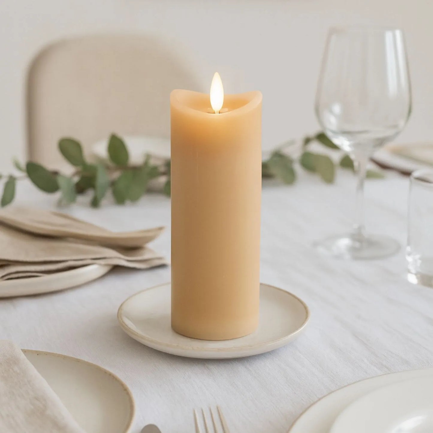Extra-Tall Beige Taupe Melted-Effect Real Wax LED Flameless Pillar Candle with Realistic Flickering Flame – Battery Operated Decorative Light 20x7x7cm | Click Style