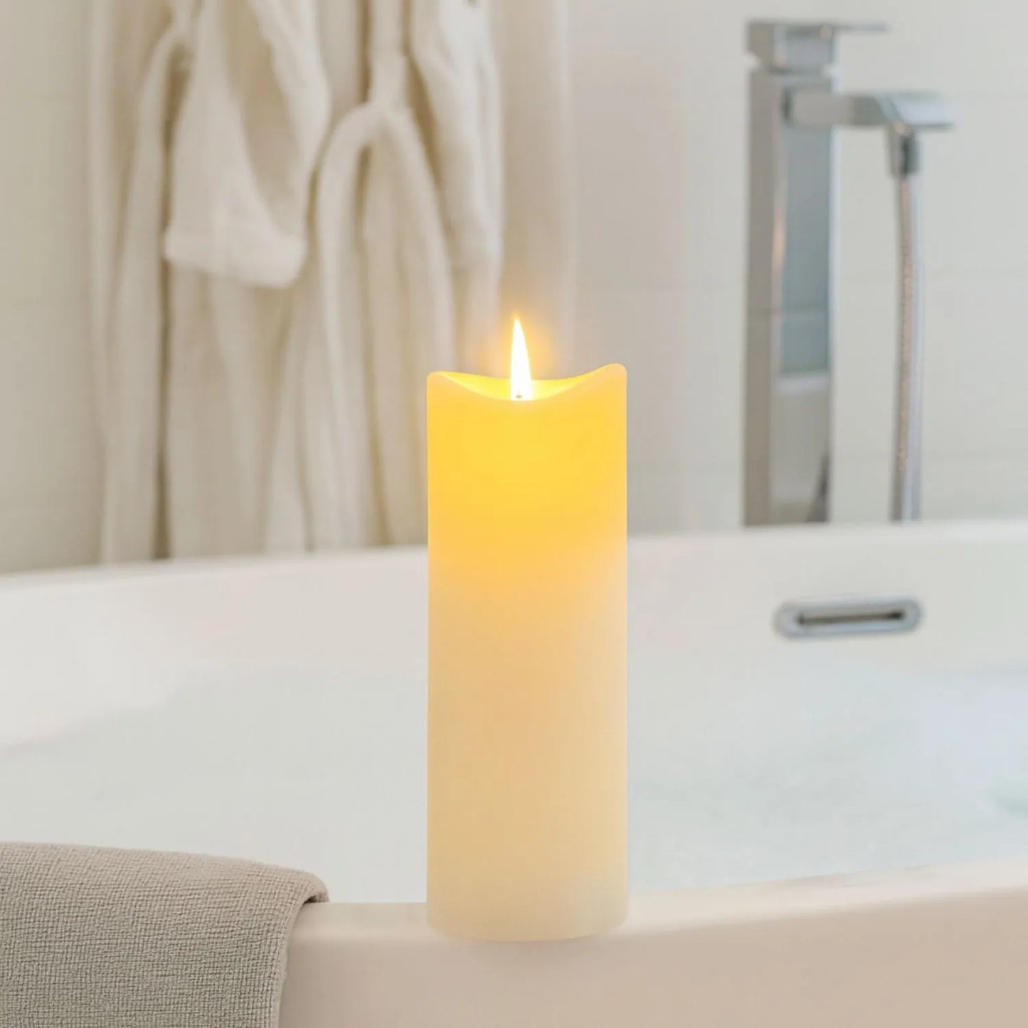 Extra-Tall Cream Melted-Effect Real Wax LED Flameless Pillar Candle with Realistic Flickering Flame – Battery Operated Decorative Light 20x7x7cm | Click Style