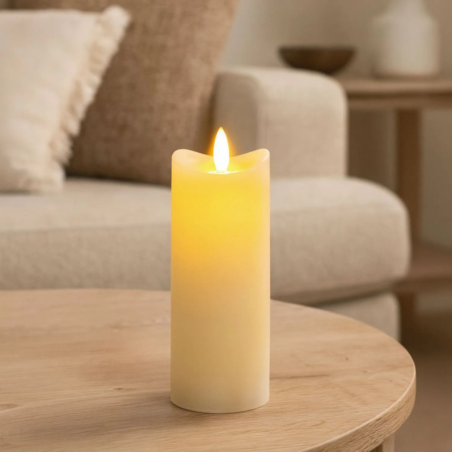 Extra-Tall Cream Melted-Effect Real Wax LED Flameless Pillar Candle with Realistic Flickering Flame – Battery Operated Decorative Light 20x7x7cm | Click Style
