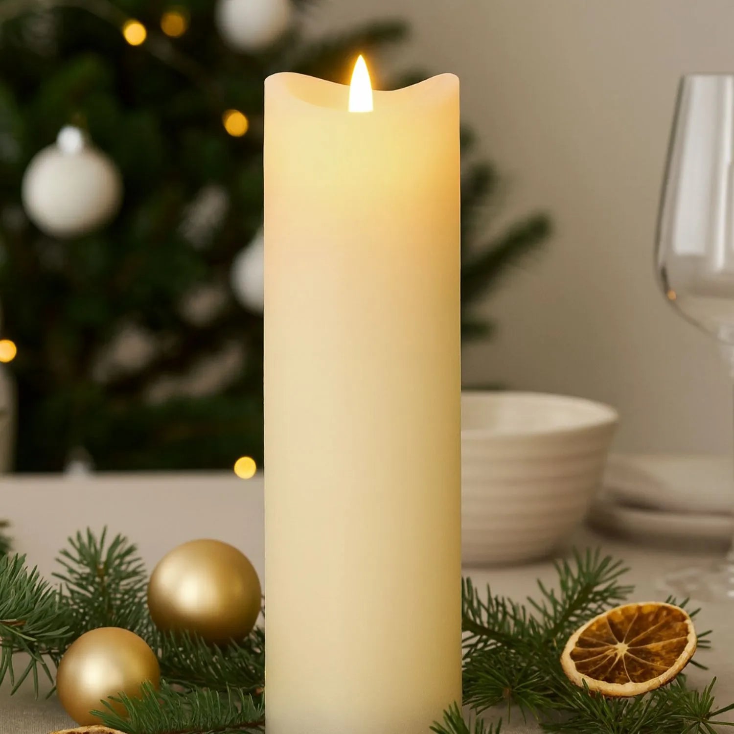 Extra-Tall Cream Melted-Effect Real Wax LED Flameless Pillar Candle with Realistic Flickering Flame – Battery Operated Decorative Light 20x7x7cm | Click Style