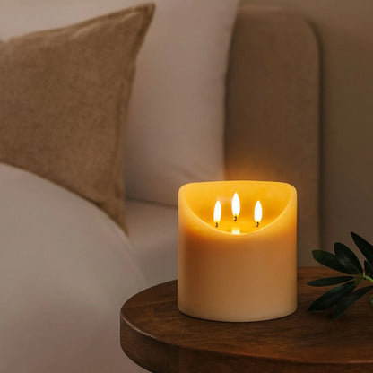 Extra-Wide Beige Taupe Melted-Effect Real Wax LED Flameless Pillar Candle with 3 Wicks & Realistic Flickering Flames – Battery Operated Decorative Light 15x15x15cm | Click Style