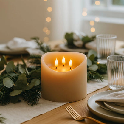 Extra-Wide Beige Taupe Melted-Effect Real Wax LED Flameless Pillar Candle with 3 Wicks & Realistic Flickering Flames – Battery Operated Decorative Light 15x15x15cm | Click Style