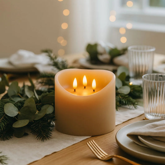 Extra-Wide Beige Taupe Melted-Effect Real Wax LED Flameless Pillar Candle with 3 Wicks & Realistic Flickering Flames – Battery Operated Decorative Light 15x15x15cm | Click Style