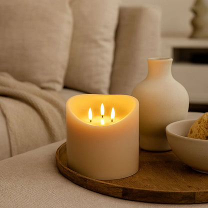 Extra-Wide Beige Taupe Melted-Effect Real Wax LED Flameless Pillar Candle with 3 Wicks & Realistic Flickering Flames – Battery Operated Decorative Light 15x15x15cm | Click Style