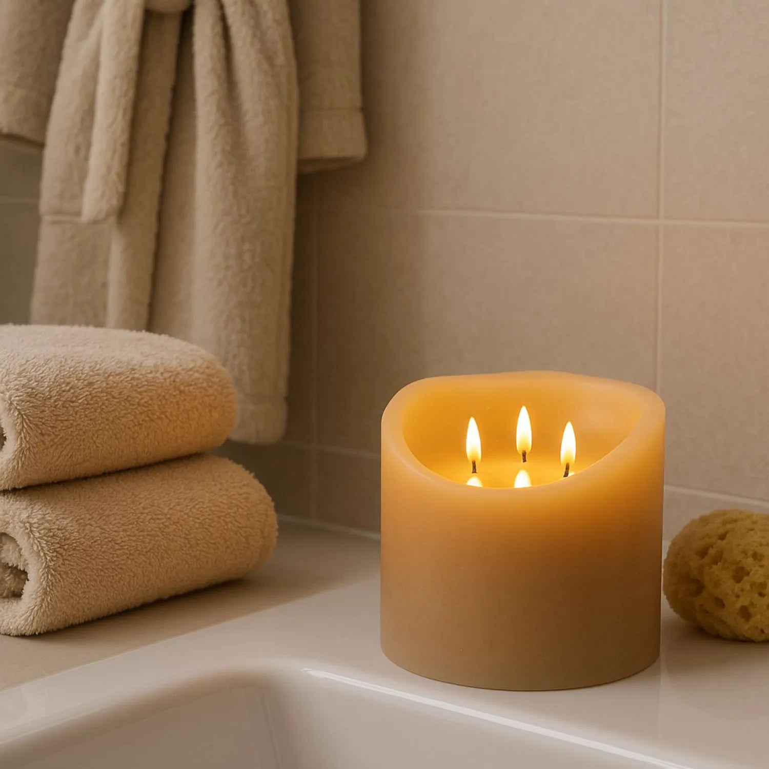 Extra-Wide Beige Taupe Melted-Effect Real Wax LED Flameless Pillar Candle with 3 Wicks & Realistic Flickering Flames – Battery Operated Decorative Light 15x15x15cm | Click Style