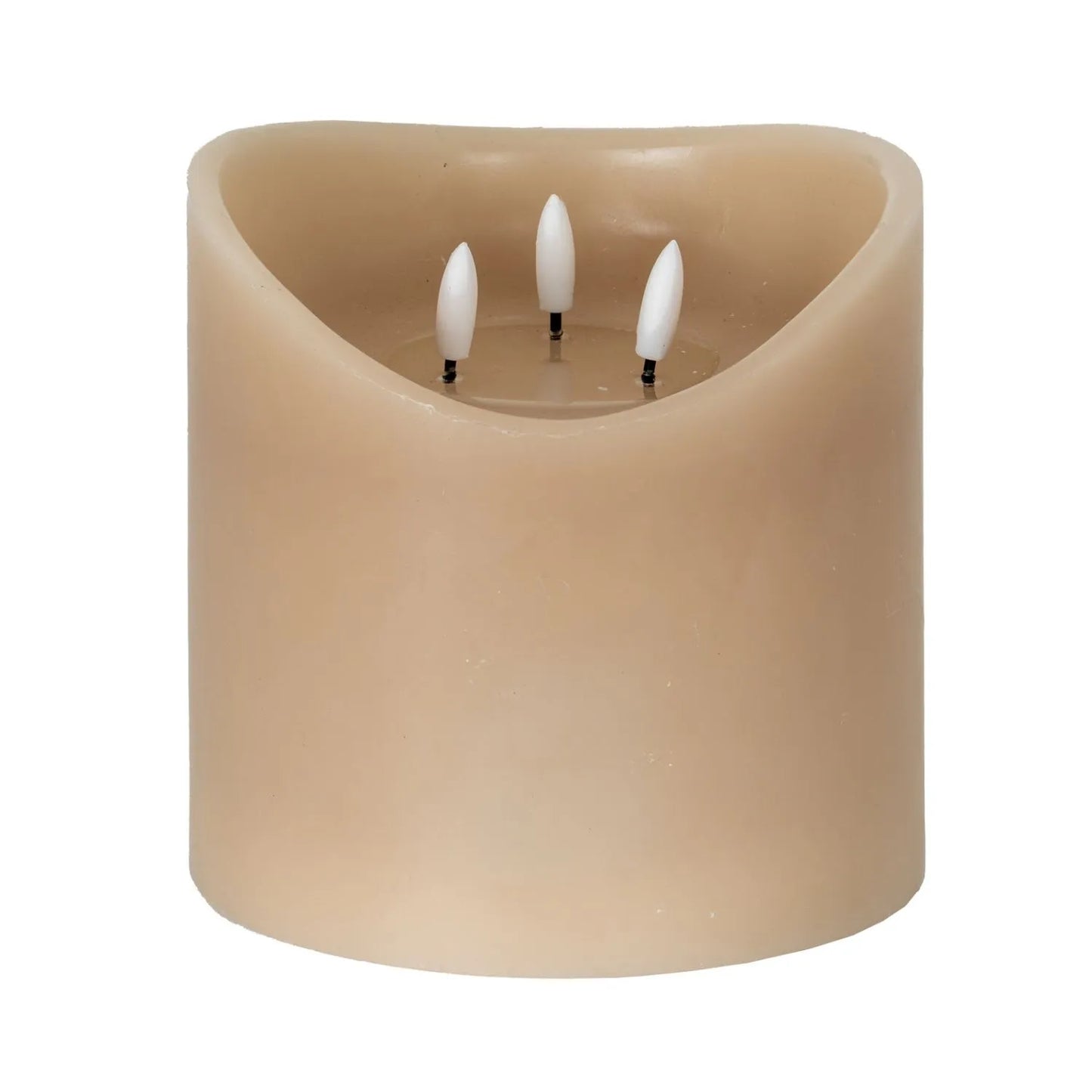 Extra-Wide Beige Taupe Melted-Effect Real Wax LED Flameless Pillar Candle with 3 Wicks & Realistic Flickering Flames – Battery Operated Decorative Light 15x15x15cm | Click Style
