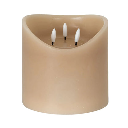 Extra-Wide Beige Taupe Melted-Effect Real Wax LED Flameless Pillar Candle with 3 Wicks & Realistic Flickering Flames – Battery Operated Decorative Light 15x15x15cm | Click Style