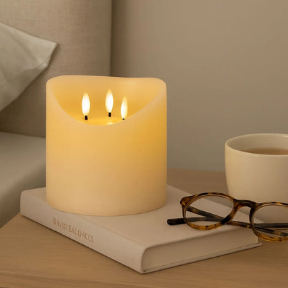 Extra-Wide Cream Melted-Effect Real Wax LED Flameless Pillar Candle with 3 Wicks & Realistic Flickering Flames – Battery Operated Decorative Light 15x15x15cm | Click Style