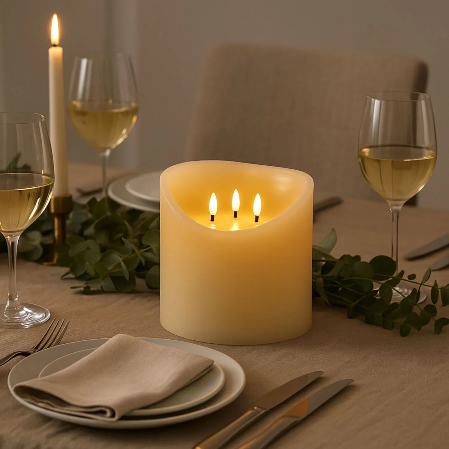 Extra-Wide Cream Melted-Effect Real Wax LED Flameless Pillar Candle with 3 Wicks & Realistic Flickering Flames – Battery Operated Decorative Light 15x15x15cm | Click Style