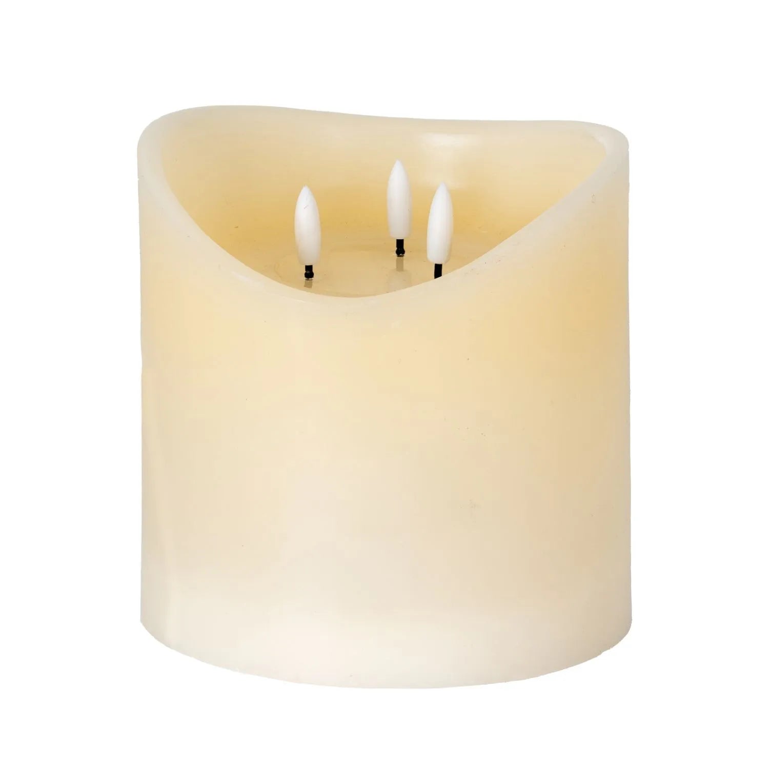 Extra-Wide Cream Melted-Effect Real Wax LED Flameless Pillar Candle with 3 Wicks & Realistic Flickering Flames – Battery Operated Decorative Light 15x15x15cm | Click Style