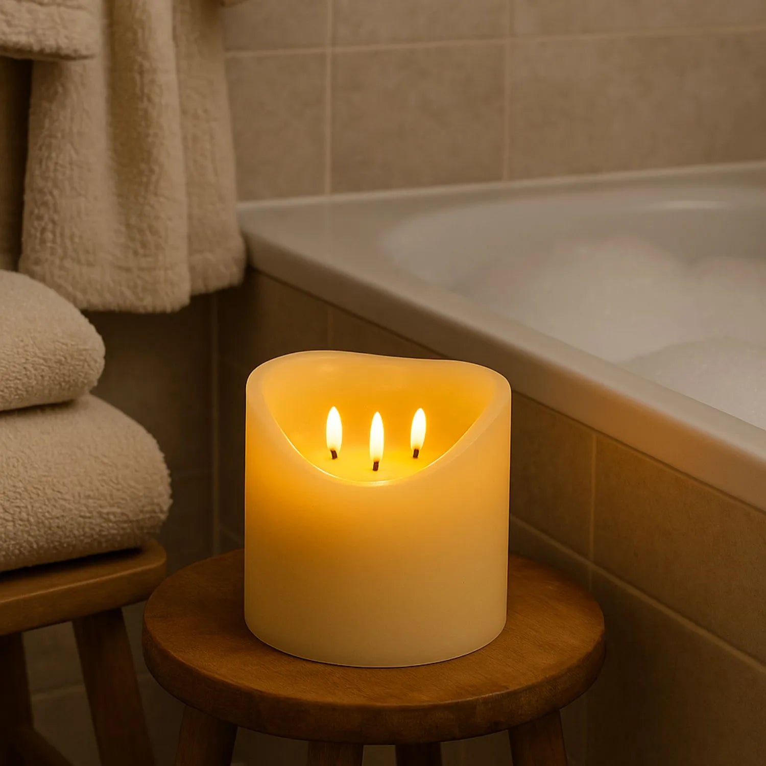 Extra-Wide Cream Melted-Effect Real Wax LED Flameless Pillar Candle with 3 Wicks & Realistic Flickering Flames – Battery Operated Decorative Light 15x15x15cm | Click Style