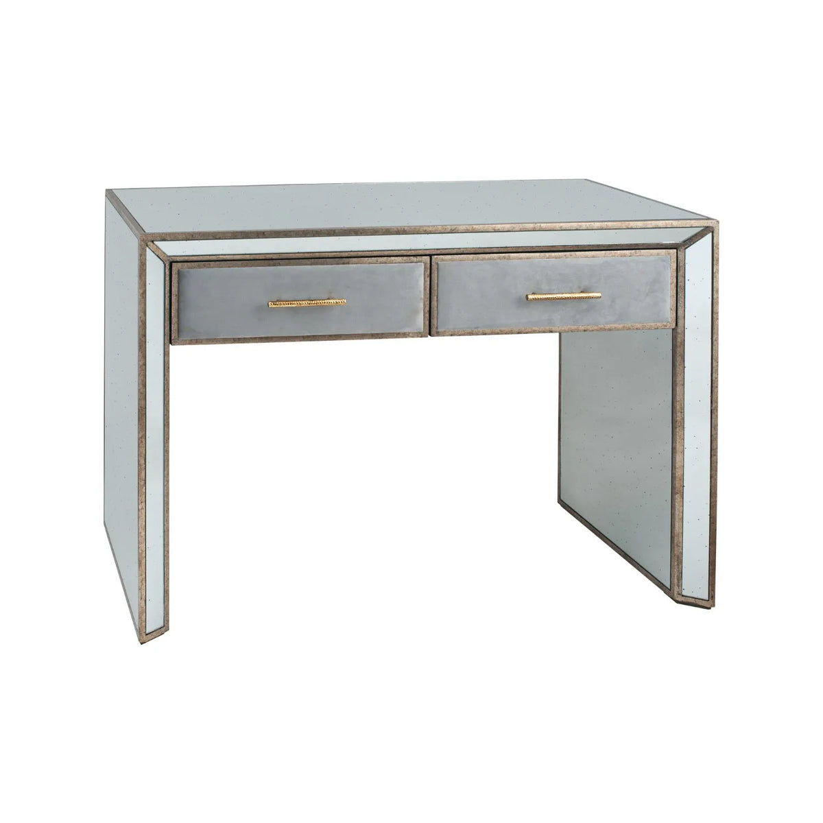 Foxed Mirrored Glass 2 Drawer Console Table Dressing Table & Desk with Grey Velvet Drawers & Gold Handles – Front & Side View | Click Style