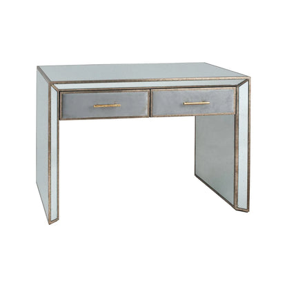 Foxed Mirrored Glass 2 Drawer Console Table Dressing Table & Desk with Grey Velvet Drawers & Gold Handles – Front & Side View | Click Style