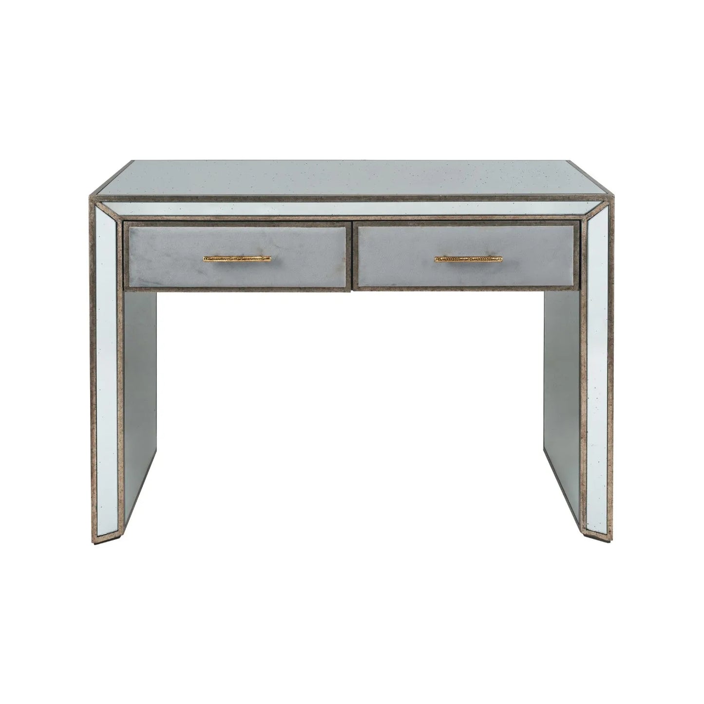 Foxed Mirrored Glass 2 Drawer Console Table Dressing Table & Desk with Grey Velvet Drawers & Gold Handles – Front View | Click Style