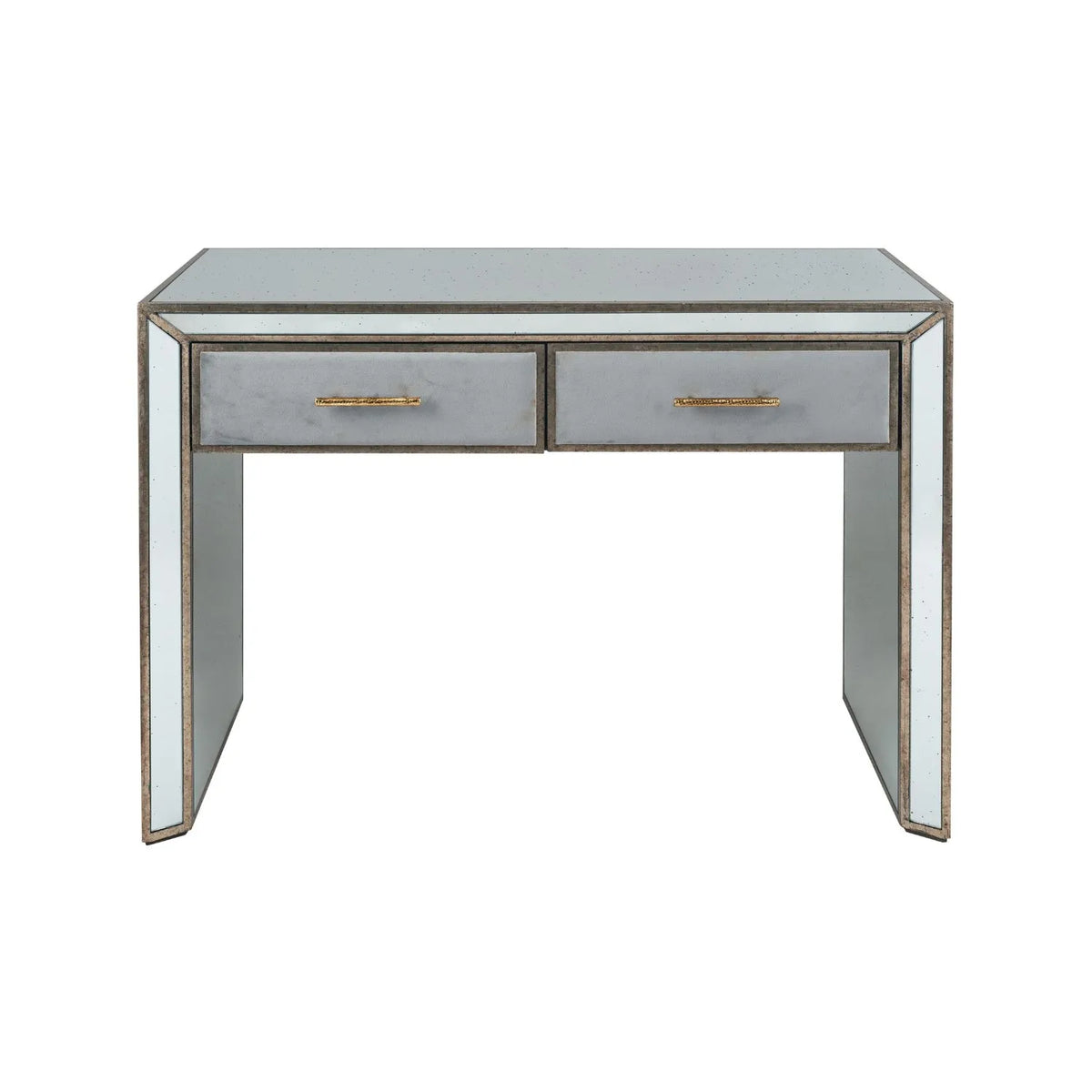 Foxed Mirrored Glass 2 Drawer Console Table Dressing Table & Desk with Grey Velvet Drawers & Gold Handles – Front View | Click Style