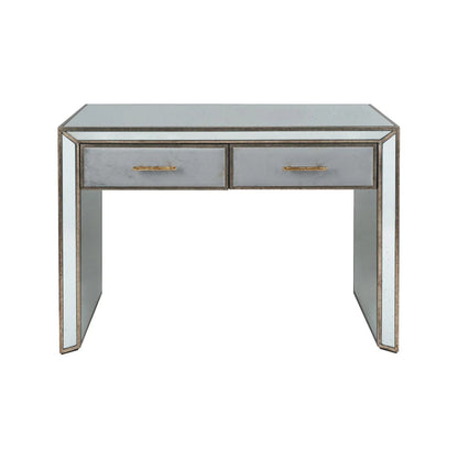 Foxed Mirrored Glass 2 Drawer Console Table Dressing Table & Desk with Grey Velvet Drawers & Gold Handles – Front View | Click Style