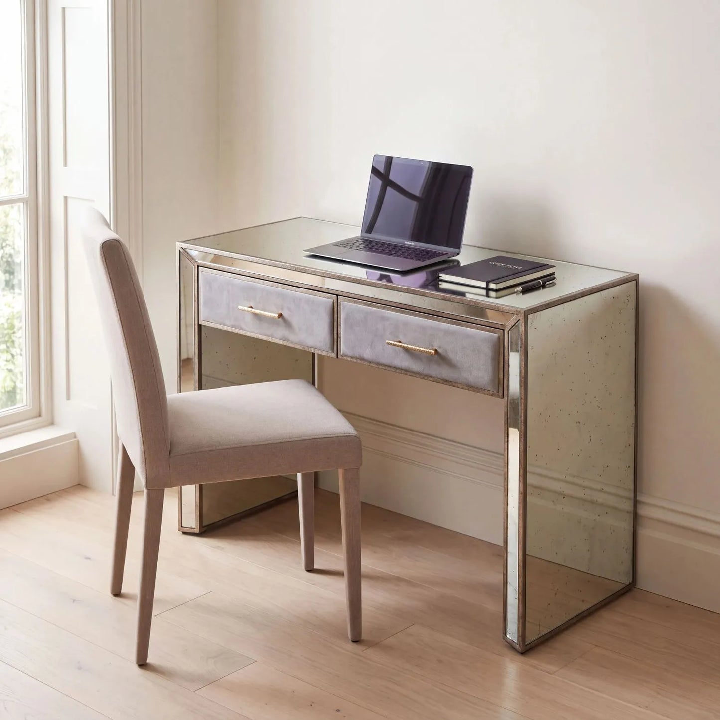 Foxed Mirrored Glass 2 Drawer Desk with Grey Velvet Drawers & Gold Handles in Home Office | Click Style