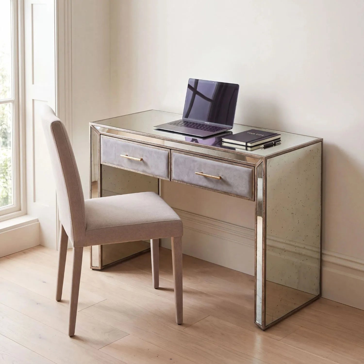 Foxed Mirrored Glass 2 Drawer Desk with Grey Velvet Drawers & Gold Handles in Home Office | Click Style