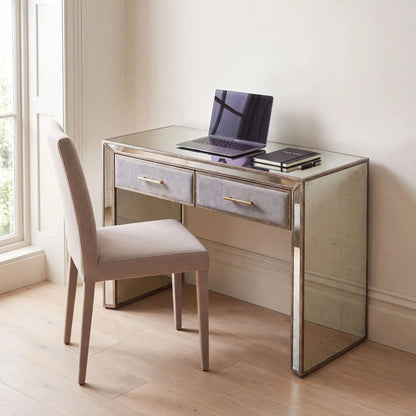 Foxed Mirrored Glass 2 Drawer Desk with Grey Velvet Drawers & Gold Handles in Home Office | Click Style