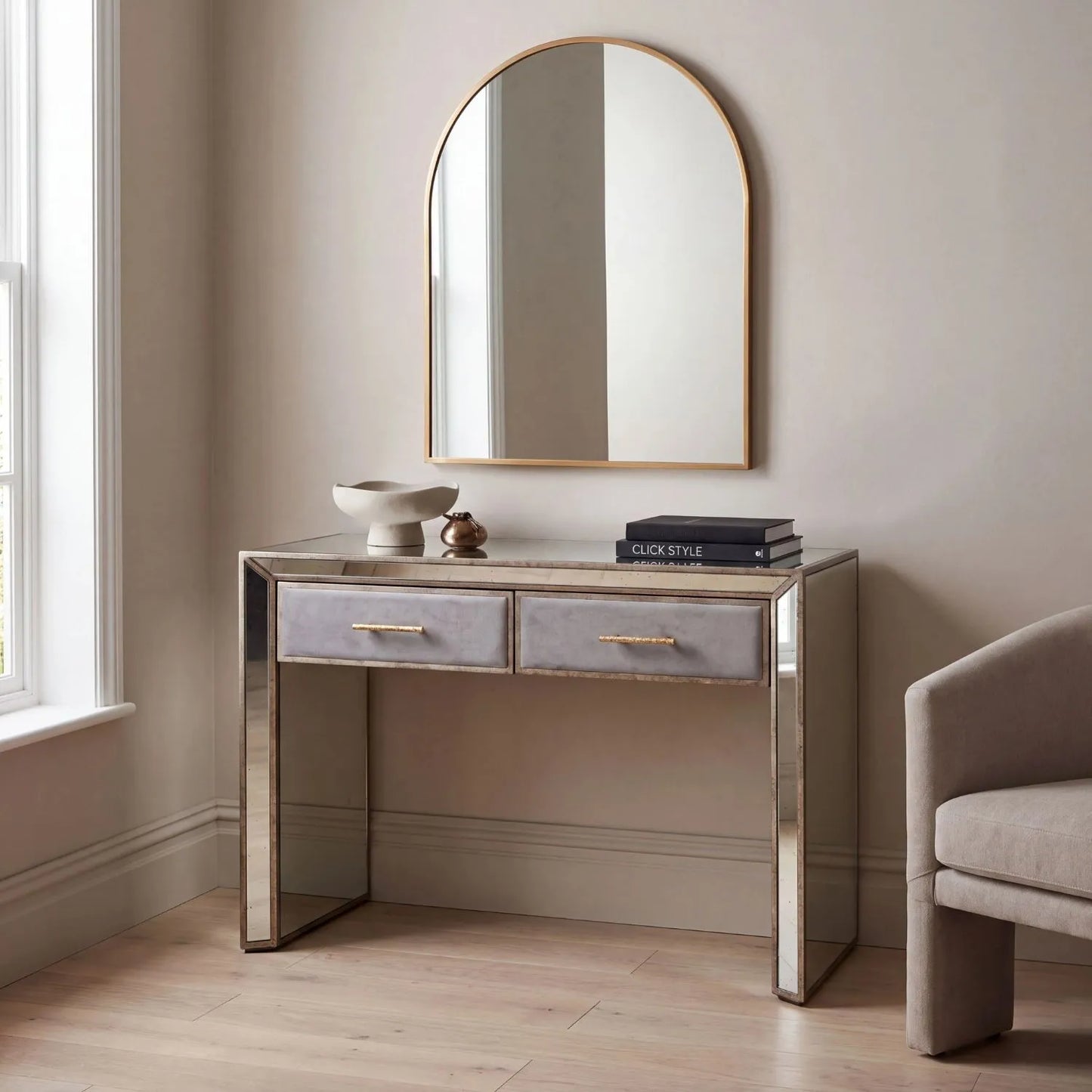 Foxed Mirrored Glass 2 Drawer Console Table with Grey Velvet Drawers & Gold Handles in Living Room | Click Style
