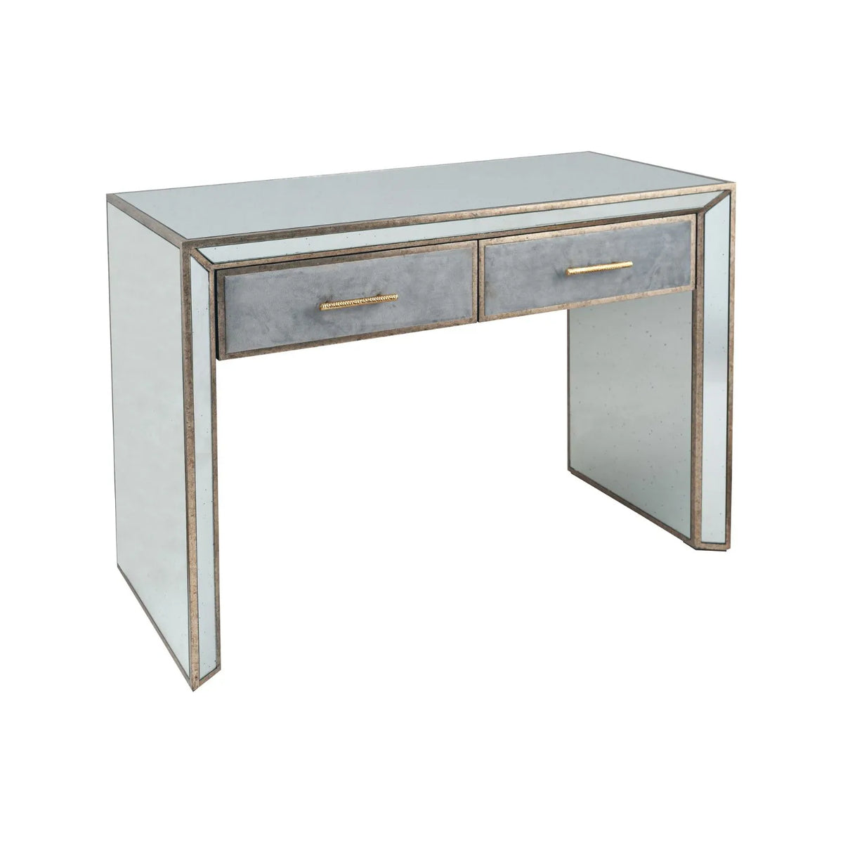 Foxed Mirrored Glass 2 Drawer Console Table Dressing Table & Desk with Grey Velvet Drawers & Gold Handles – Angled Front & Side View | Click Style