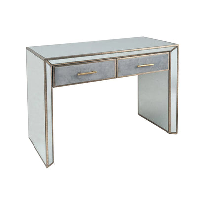 Foxed Mirrored Glass 2 Drawer Console Table Dressing Table & Desk with Grey Velvet Drawers & Gold Handles – Angled Front & Side View | Click Style