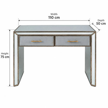 Foxed Mirrored Glass 2 Drawer Console Table Dressing Table & Desk with Grey Velvet Drawers & Gold Handles Front View with Dimensions | Click Style