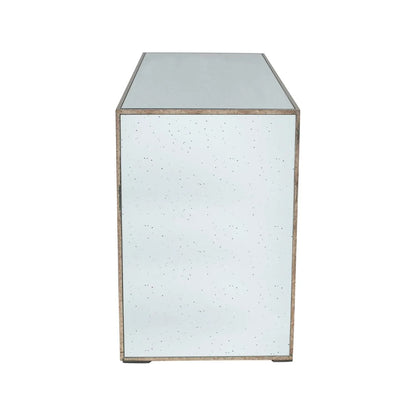 Foxed Mirrored Glass 2 Drawer Console Table Dressing Table & Desk with Grey Velvet Drawers & Gold Handles – Side View | Click Style