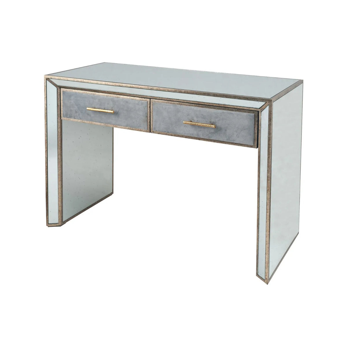 Foxed Mirrored Glass 2 Drawer Console Table Dressing Table & Desk with Grey Velvet Drawers & Gold Handles – Angled Front & Side View | Click Style
