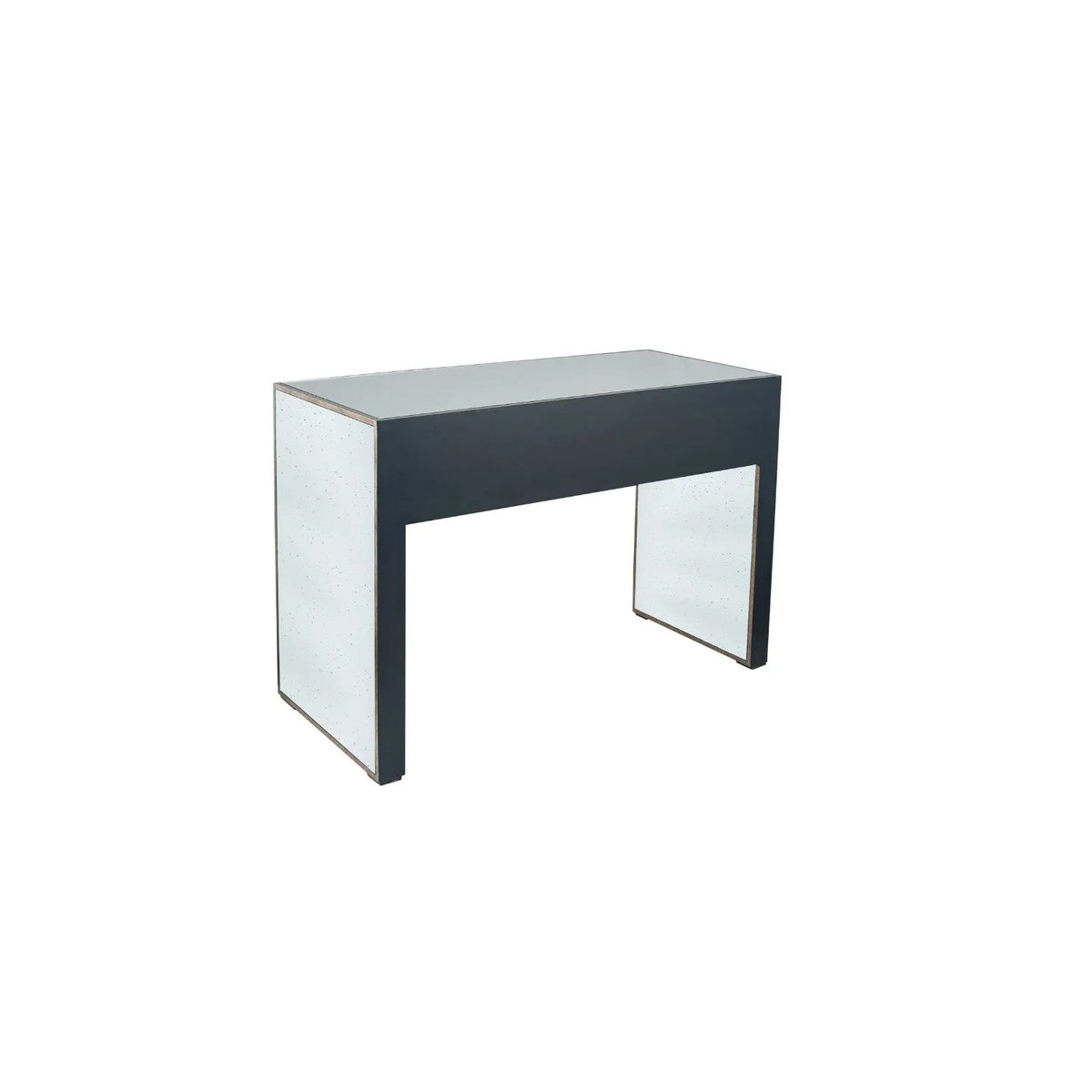 Foxed Mirrored Glass 2 Drawer Console Table Dressing Table & Desk with Grey Velvet Drawers & Gold Handles – Angled Back & Side View | Click Style