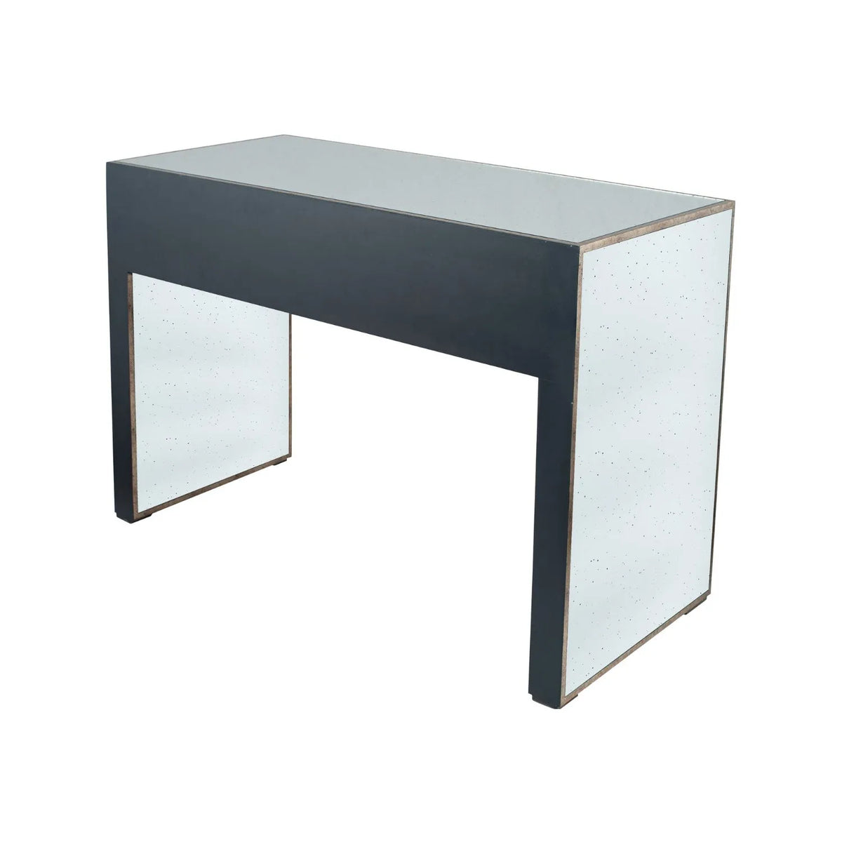 Foxed Mirrored Glass 2 Drawer Console Table Dressing Table & Desk with Grey Velvet Drawers & Gold Handles – Angled Back & Side View | Click Style