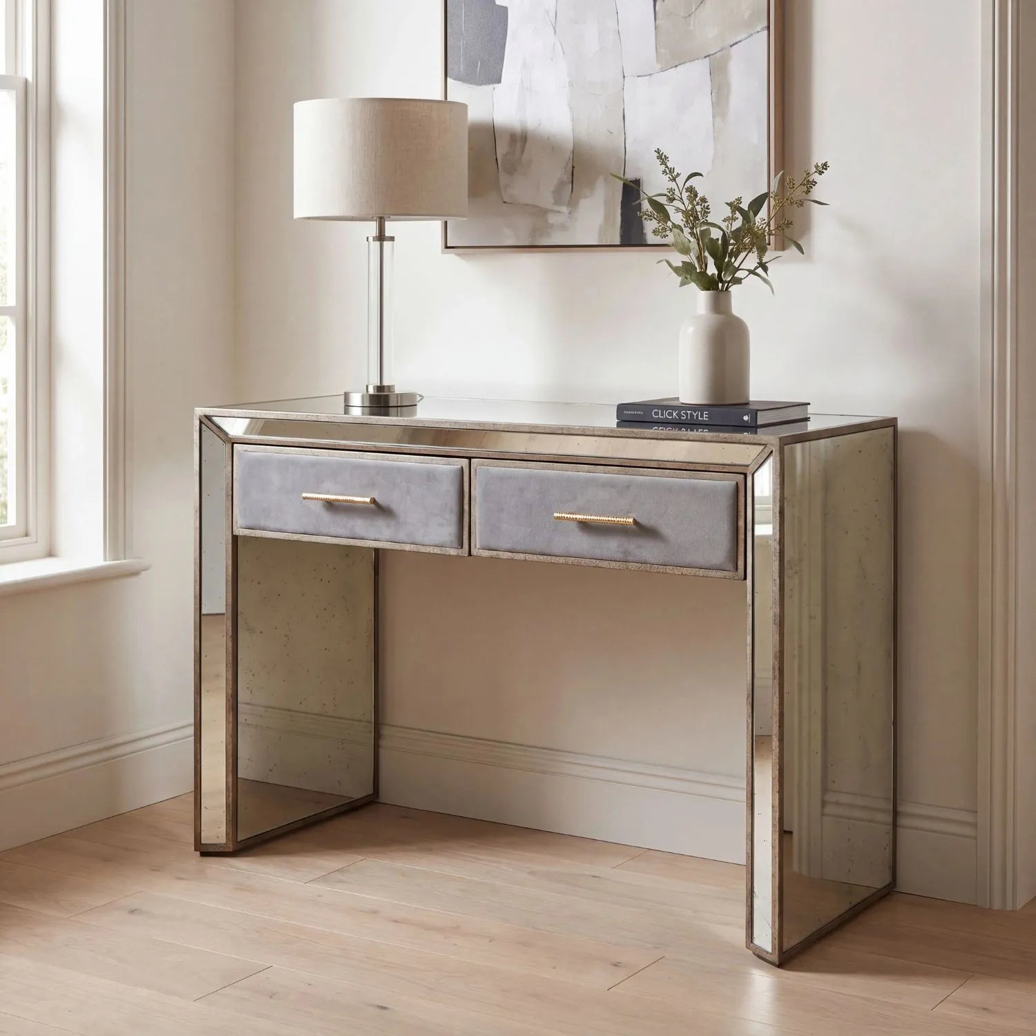 Foxed Mirrored Glass 2 Drawer Console Table with Grey Velvet Drawers & Gold Handles in Hallway | Click Style