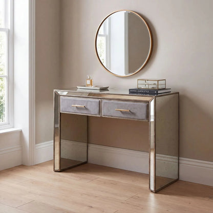 Foxed Mirrored Glass 2 Drawer Dressing Table with Grey Velvet Drawers & Gold Handles in Bedroom | Click Style