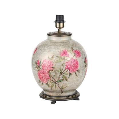 Jenny Worrall Fuchsia Pink Rhododendron & Foliage Warm Champagne & Gold Glass Table Lamp Base with Bulbous Shape & Antique Brass Feet – Handcrafted Luxury Floral Lighting 42x28x28cm | Click Style