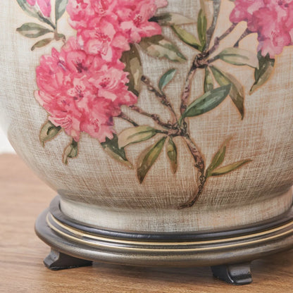 Jenny Worrall Fuchsia Pink Rhododendron & Foliage Warm Champagne & Gold Glass Table Lamp Base with Bulbous Shape & Antique Brass Feet – Handcrafted Luxury Floral Lighting 42x28x28cm | Click Style