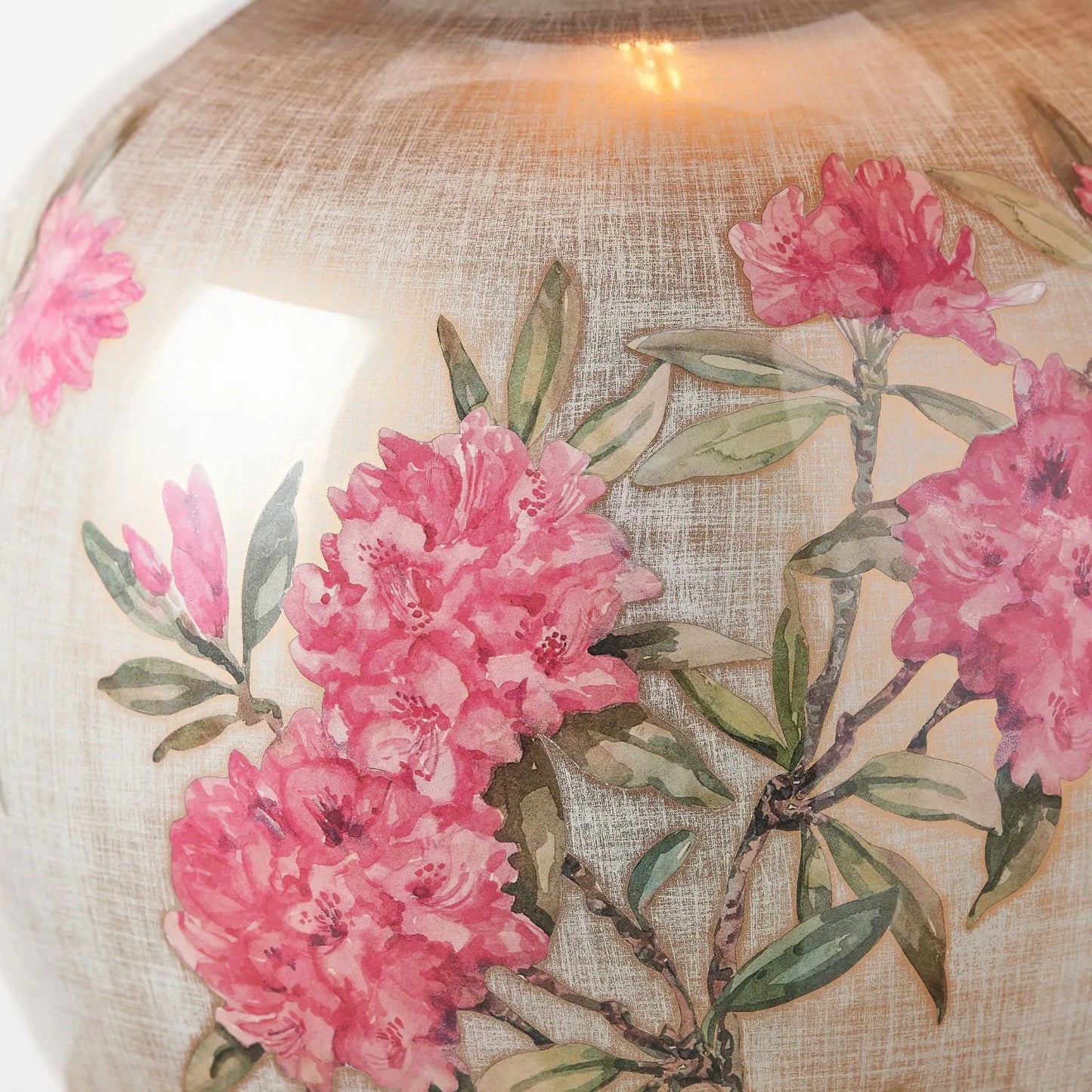 Jenny Worrall Fuchsia Pink Rhododendron & Foliage Warm Champagne & Gold Glass Table Lamp Base with Bulbous Shape & Antique Brass Feet – Handcrafted Luxury Floral Lighting 42x28x28cm | Click Style