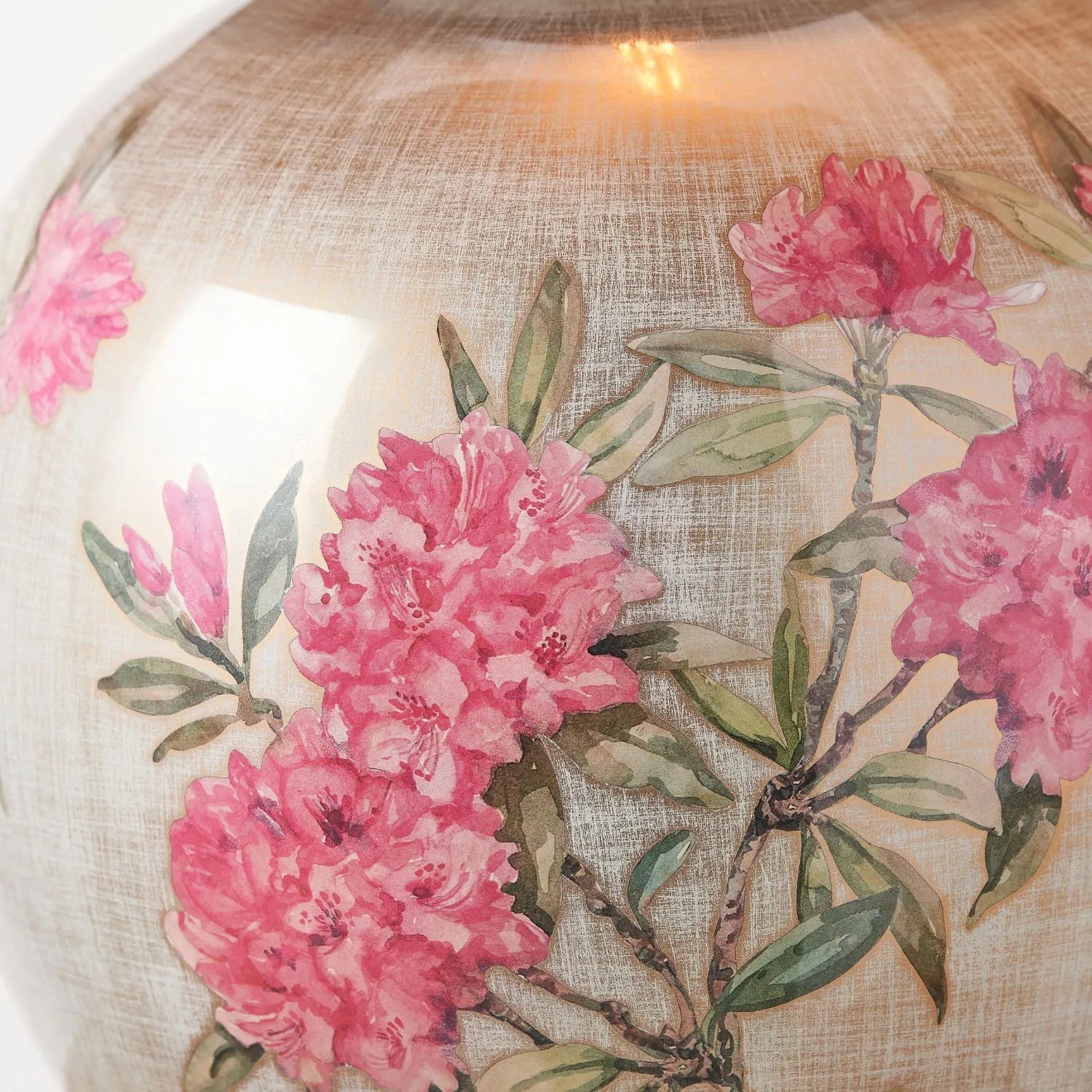 Jenny Worrall Fuchsia Pink Rhododendron & Foliage Warm Champagne & Gold Glass Table Lamp Base with Bulbous Shape & Antique Brass Feet – Handcrafted Luxury Floral Lighting 42x28x28cm | Click Style