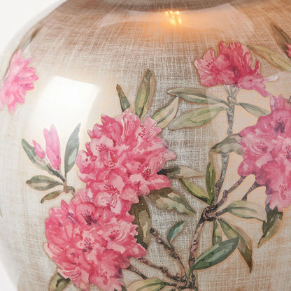 Jenny Worrall Fuchsia Pink Rhododendron & Foliage Warm Champagne & Gold Glass Table Lamp Base with Bulbous Shape & Antique Brass Feet – Handcrafted Luxury Floral Lighting 42x28x28cm | Click Style