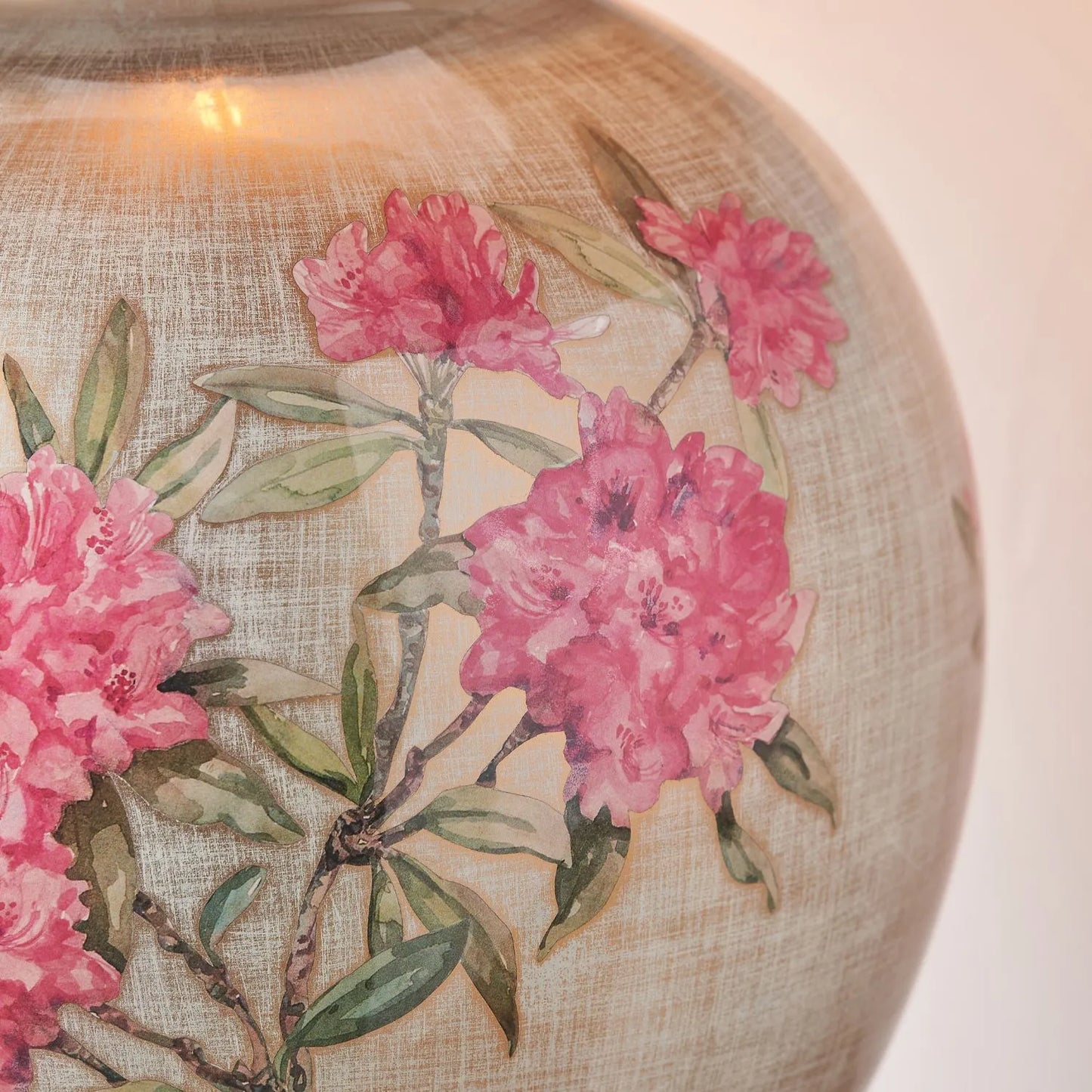 Jenny Worrall Fuchsia Pink Rhododendron & Foliage Warm Champagne & Gold Glass Table Lamp Base with Bulbous Shape & Antique Brass Feet – Handcrafted Luxury Floral Lighting 42x28x28cm | Click Style