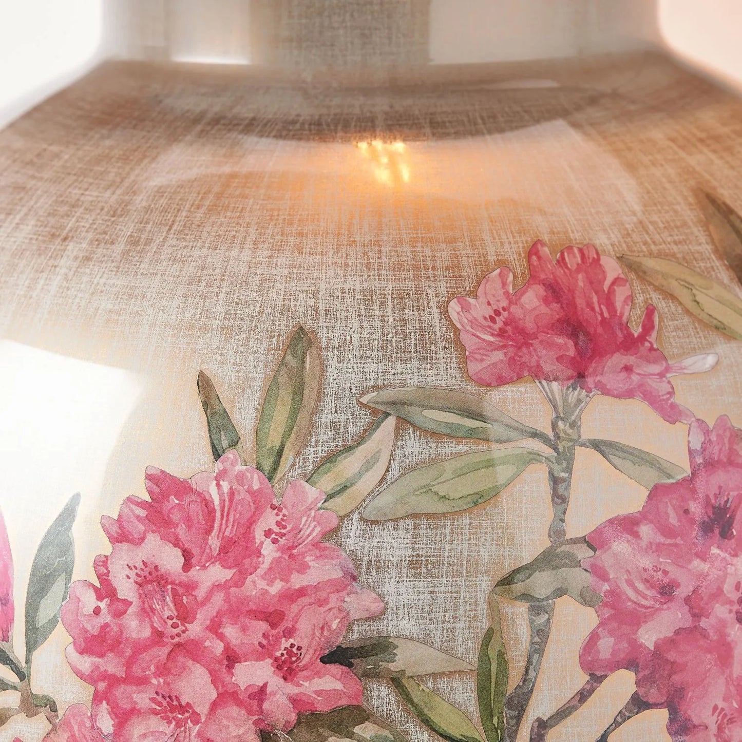 Jenny Worrall Fuchsia Pink Rhododendron & Foliage Warm Champagne & Gold Glass Table Lamp Base with Bulbous Shape & Antique Brass Feet – Handcrafted Luxury Floral Lighting 42x28x28cm | Click Style