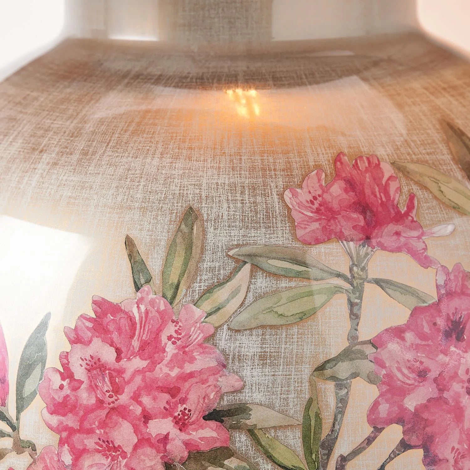 Jenny Worrall Fuchsia Pink Rhododendron & Foliage Warm Champagne & Gold Glass Table Lamp Base with Bulbous Shape & Antique Brass Feet – Handcrafted Luxury Floral Lighting 42x28x28cm | Click Style