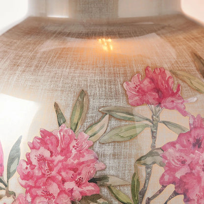 Jenny Worrall Fuchsia Pink Rhododendron & Foliage Warm Champagne & Gold Glass Table Lamp Base with Bulbous Shape & Antique Brass Feet – Handcrafted Luxury Floral Lighting 42x28x28cm | Click Style