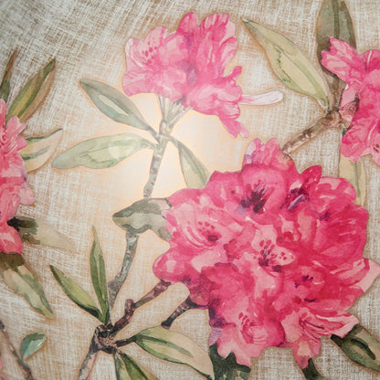 Jenny Worrall Fuchsia Pink Rhododendron & Foliage Warm Champagne & Gold Glass Table Lamp Base with Bulbous Shape & Antique Brass Feet – Handcrafted Luxury Floral Lighting 42x28x28cm | Click Style