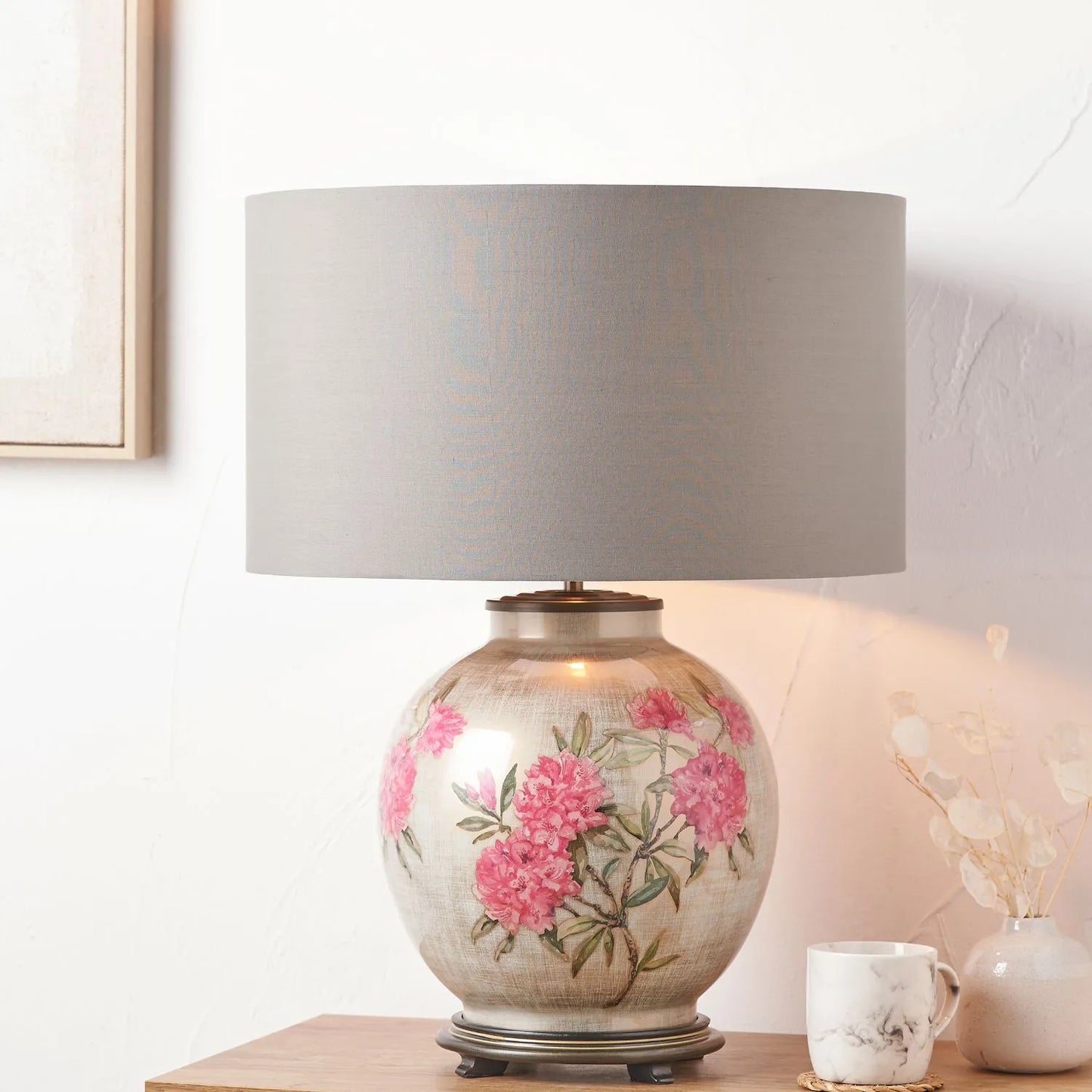Jenny Worrall Fuchsia Pink Rhododendron & Foliage Warm Champagne & Gold Glass Table Lamp Base with Bulbous Shape & Antique Brass Feet – Handcrafted Luxury Floral Lighting 42x28x28cm | Click Style