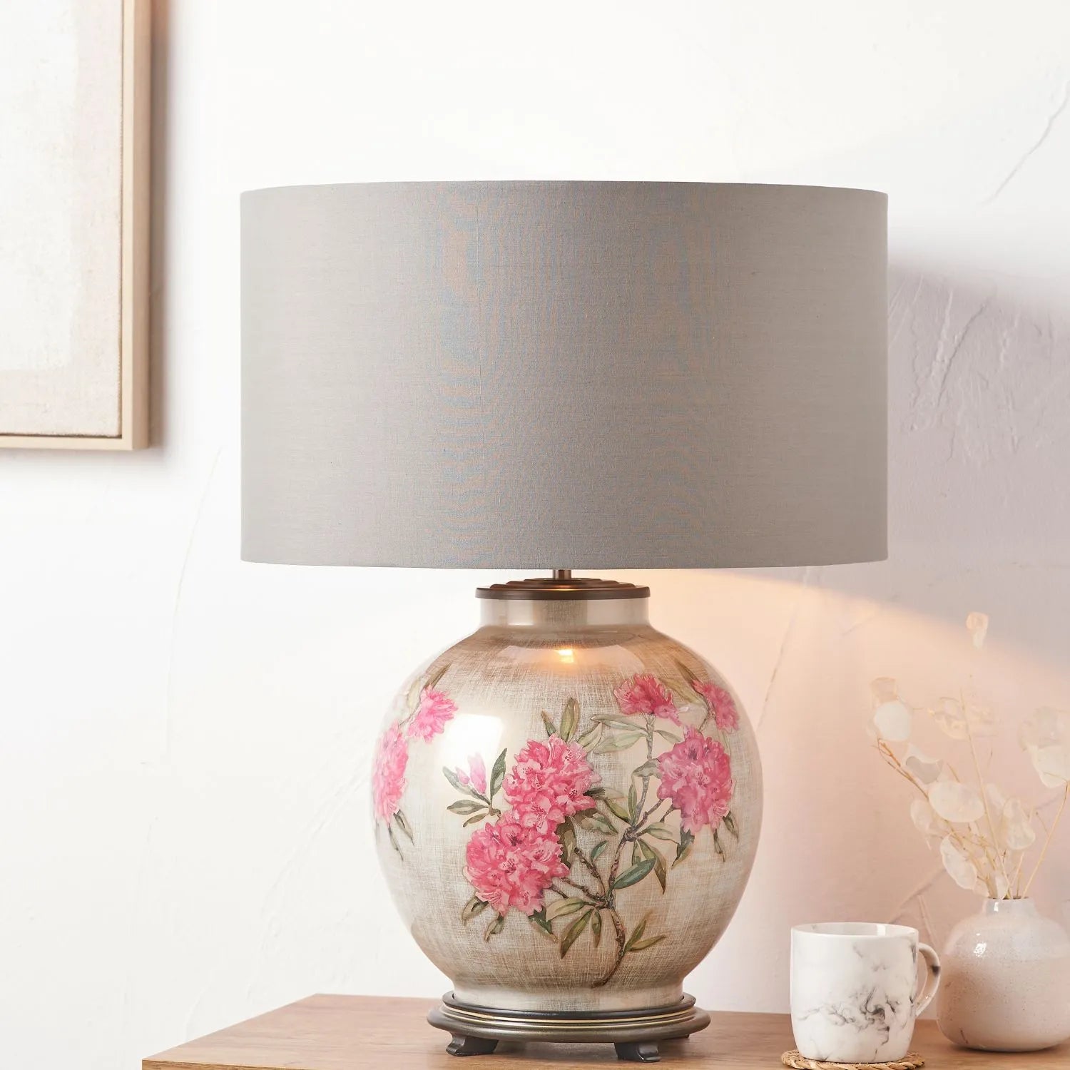 Jenny Worrall Fuchsia Pink Rhododendron & Foliage Warm Champagne & Gold Glass Table Lamp Base with Bulbous Shape & Antique Brass Feet – Handcrafted Luxury Floral Lighting 42x28x28cm | Click Style