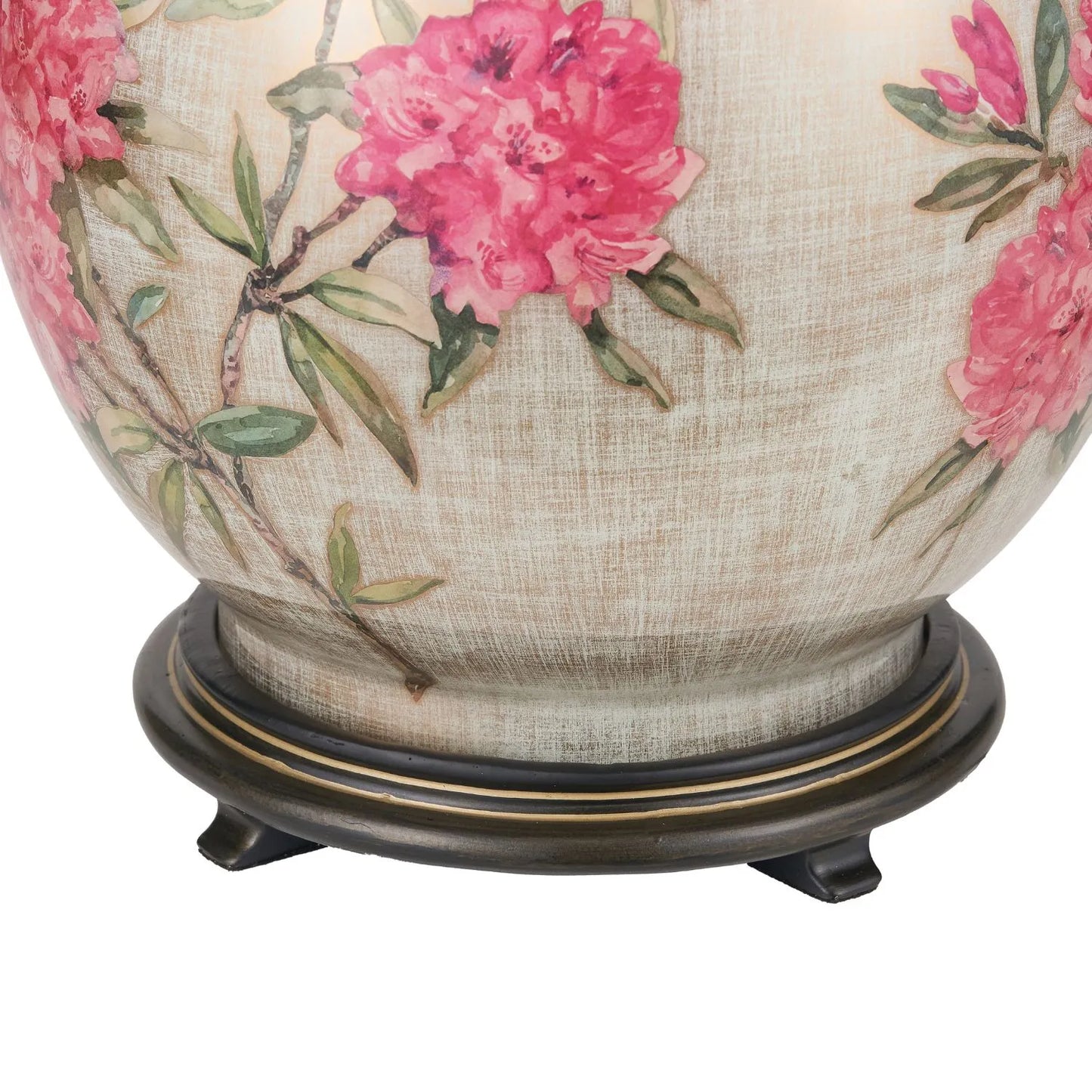 Jenny Worrall Fuchsia Pink Rhododendron & Foliage Warm Champagne & Gold Glass Table Lamp Base with Bulbous Shape & Antique Brass Feet – Handcrafted Luxury Floral Lighting 42x28x28cm | Click Style