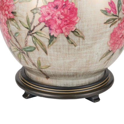 Jenny Worrall Fuchsia Pink Rhododendron & Foliage Warm Champagne & Gold Glass Table Lamp Base with Bulbous Shape & Antique Brass Feet – Handcrafted Luxury Floral Lighting 42x28x28cm | Click Style