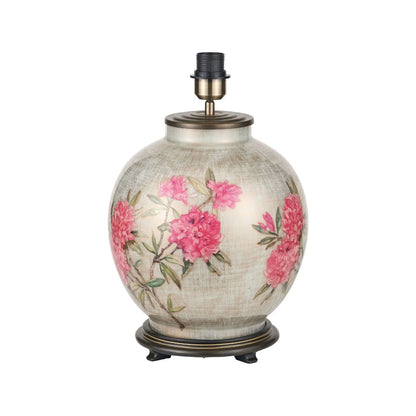 Jenny Worrall Fuchsia Pink Rhododendron & Foliage Warm Champagne & Gold Glass Table Lamp Base with Bulbous Shape & Antique Brass Feet – Handcrafted Luxury Floral Lighting 42x28x28cm | Click Style