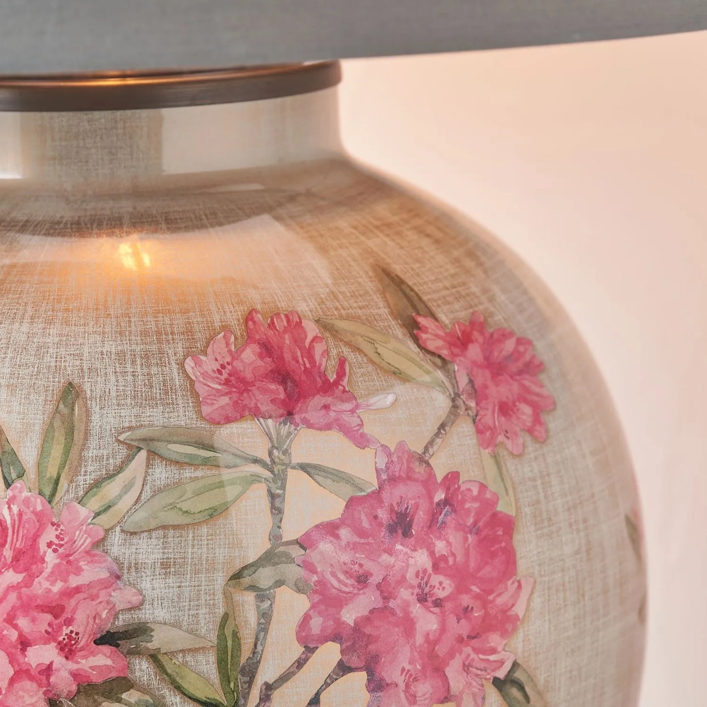 Jenny Worrall Fuchsia Pink Rhododendron & Foliage Warm Champagne & Gold Glass Table Lamp Base with Bulbous Shape & Antique Brass Feet – Handcrafted Luxury Floral Lighting 42x28x28cm | Click Style